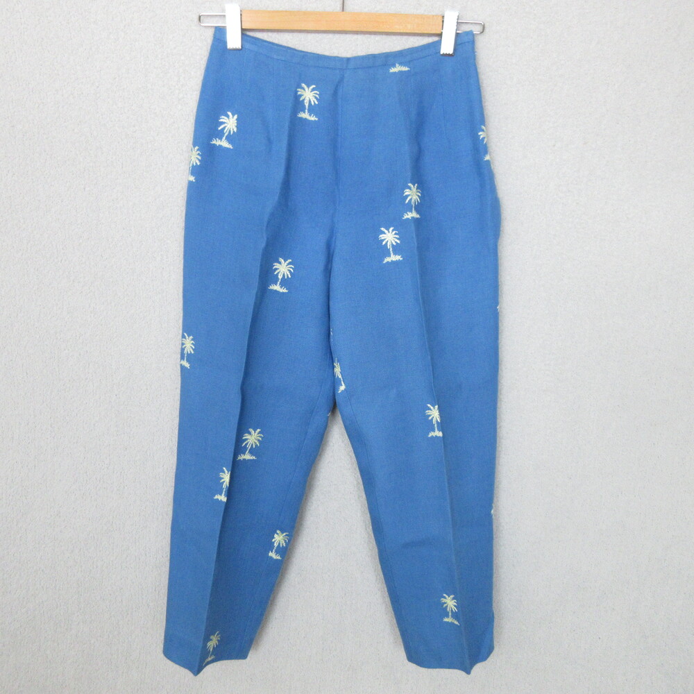 Talbots Capri Pants Womens 2 Blue Linen Pleated Cropped Palm Tree Embroidery